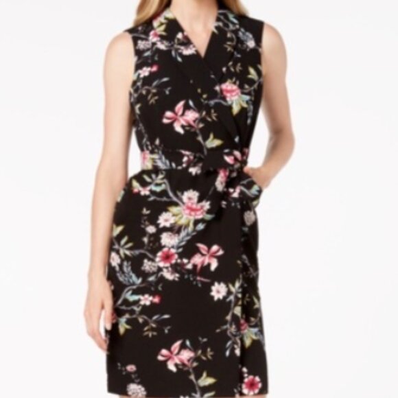 Calvin Klein Dress - Black Floral with Belt - Size 2 P Petite - Picture 1 of 8